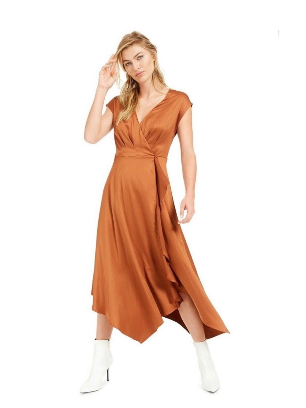 Becca Tilley Bar III Satin Wrap Midi Dress in Copper